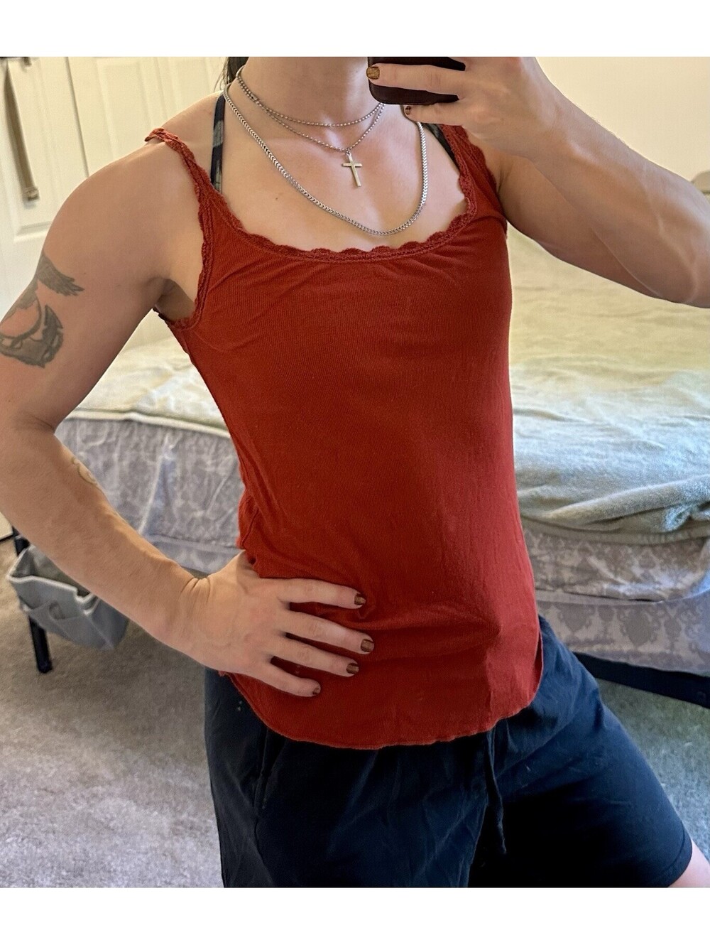 Lucky Brand Red Lace Button Camisole Sleeveless Tank Top M